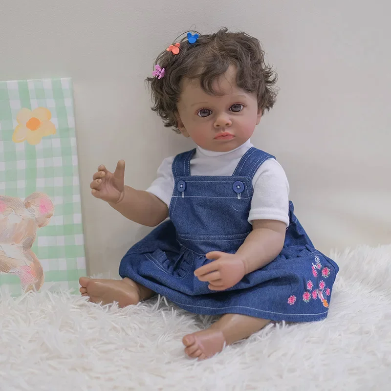 

55cm Reborn Baby Doll Tutti Full Vinyl Body Girl Dark Skin Curly Hair High Quality Hand Rooted Doll