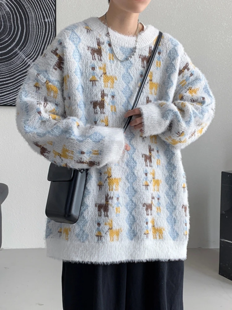 

Men's Mink Fleece Jacquard Sweater Autumn Winter Cartoon Round Neck Pullover Casual Streetwear Warm Vintage Knitwear Sweater