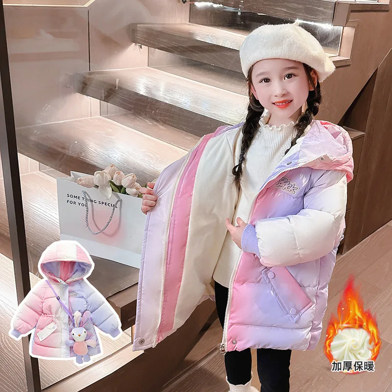 

Kawaii модная теплая пуховая хлопковая куртка с капюшоном для девочек, пальто, студенческие зимние повседневные утепленные водонепроницаемые топы, детская одежда