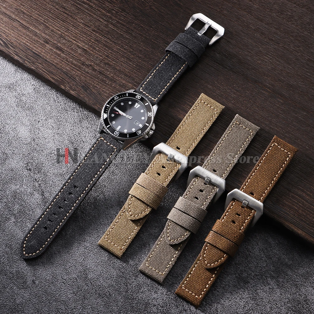 Pulseiras de couro de lona feitas à mão 20mm 22mm 24mm para panerai para omega para seiko vintage marrom masculino esporte relógio pulseira acessórios