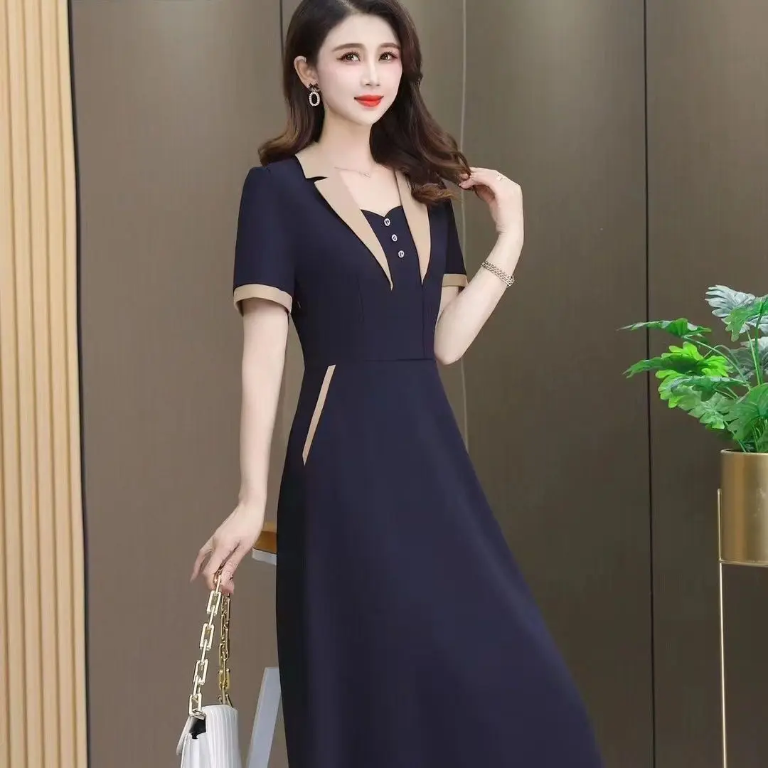 Modieuze effen kleur jurk in Chinese stijl Nieuwe stijl taille-knuffelende en afslankende zomerrok