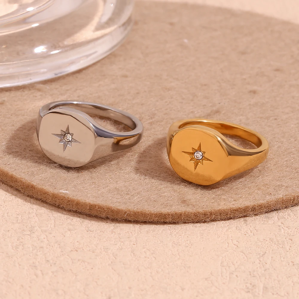 E.B.belle Aspect North Star Seal Ring Silver Color Waterproof 316L Stainless Steel Jewelry 18K Gold Plated Accessories