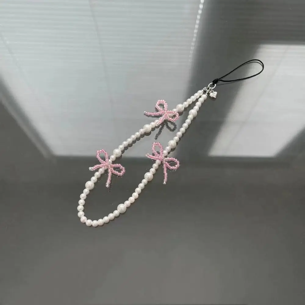 Korea Cute Pink Bowknot Pearl Pendant Beaded Phone Charm For iPhone Accessrioes Lanyard Woman Girl Jewelry Hanging Rope Strap