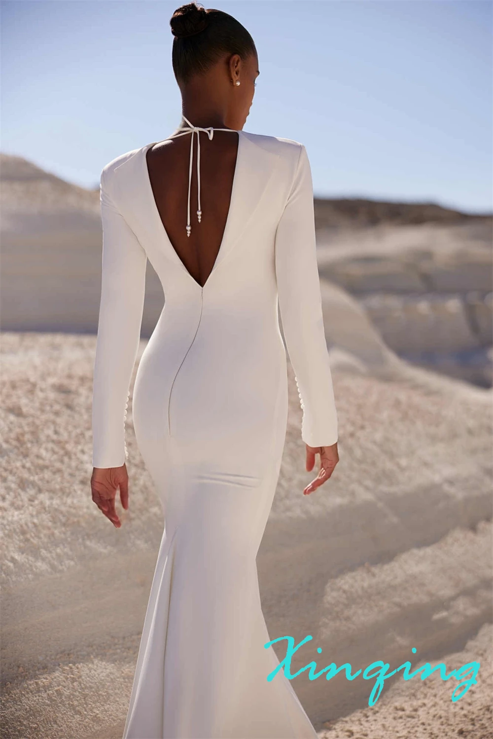 Robes de mariée sirène personnalisées en Jersey blanc, col en v exquis, manches longues, traîne Court, robes de mariée de l'industrie lourde