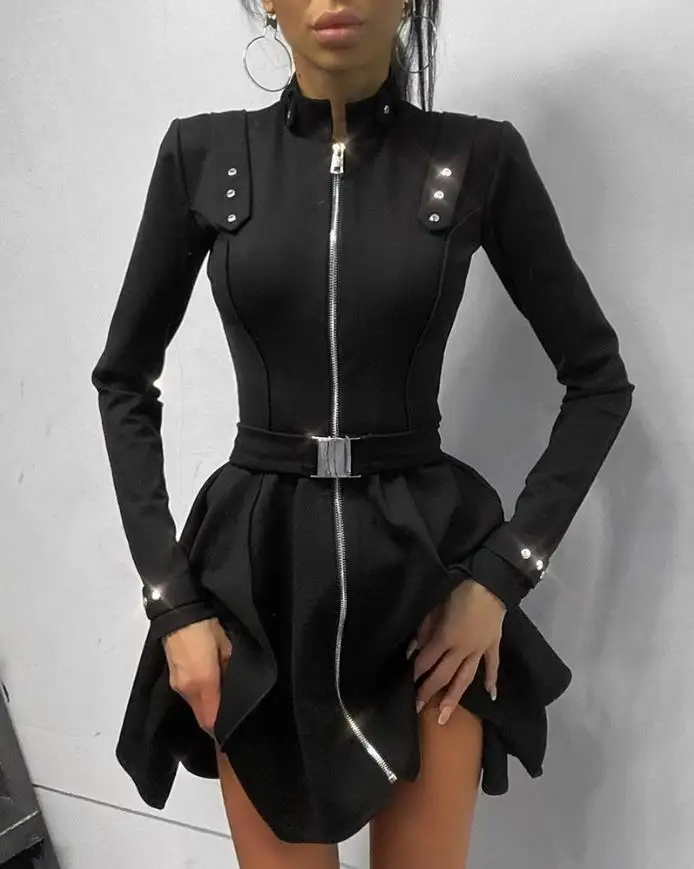 Women's Sexy Dress 2024 Spring Summer Latest Trend Leader Plain Long Sleeve Skinny Zipper Mini Dress Stand Going Out Short Skirt