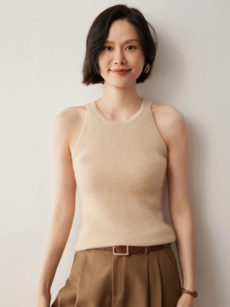 New Autumn Winter 100% Pure Cashmere Pulllover Vest Women's O-neck Camisole Drawstring Sleeveless Basic  Knitwear Waistcoat