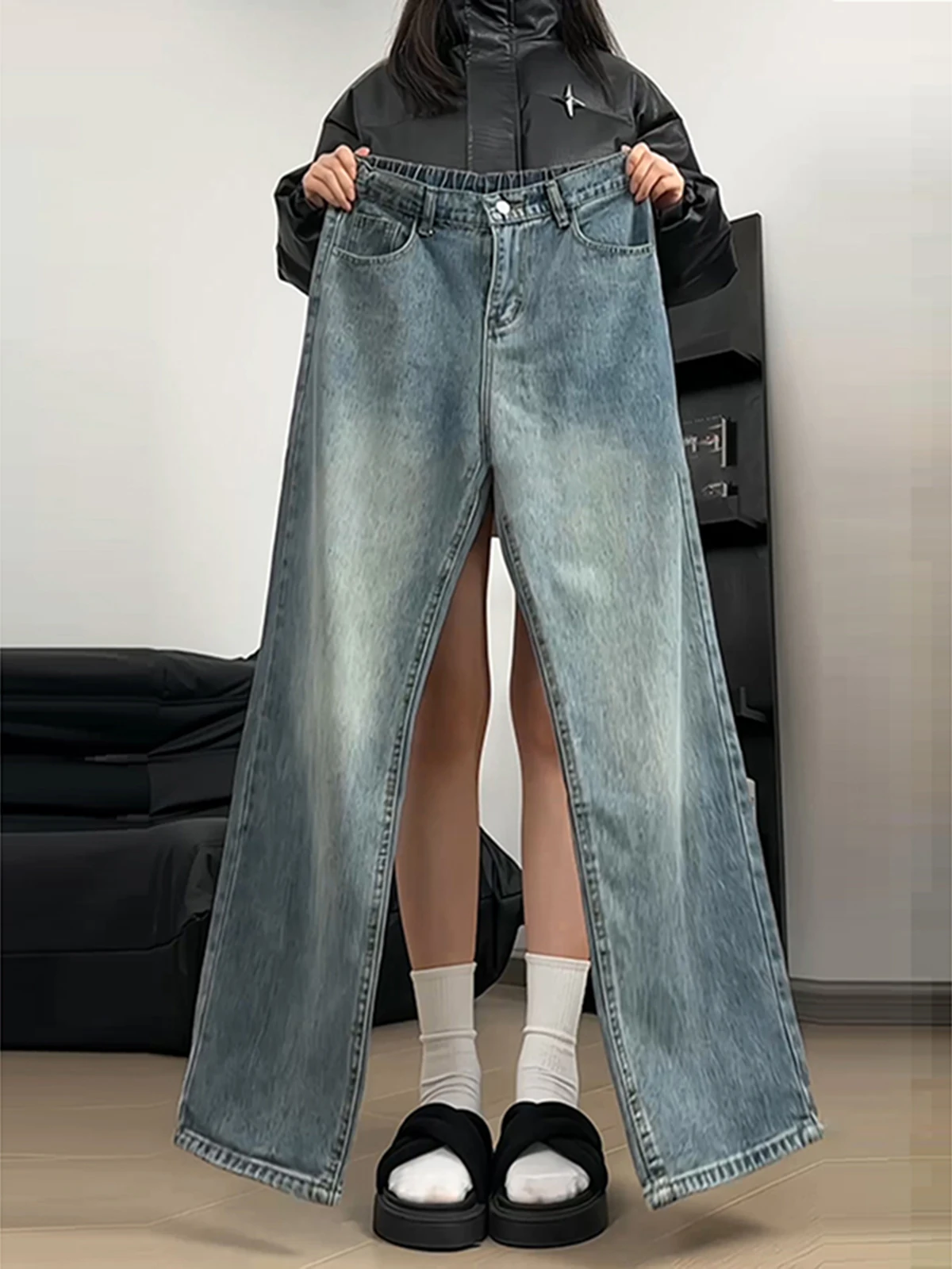 

Мужские джинсы прямого кроя в американском стиле, свободного покроя, синие, на флисовой подкладке, осенне-зимние, удлиненные, с эффектом удлинения ног