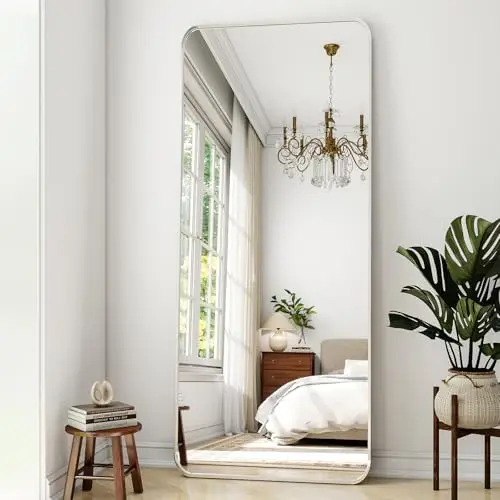 Silver Full Length Mirror 24 x 65 Rounded Corner for Home Decor | Nano Floor Mirror with Stand Rect Full Body Mirror