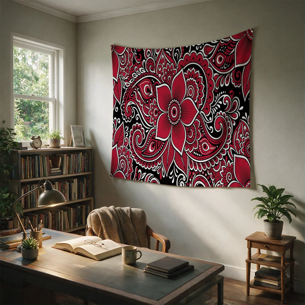 Boho Macrame Tapestry Wall Hanging Red Black Paisley Ethnic Bohemian Living Room Decor Art