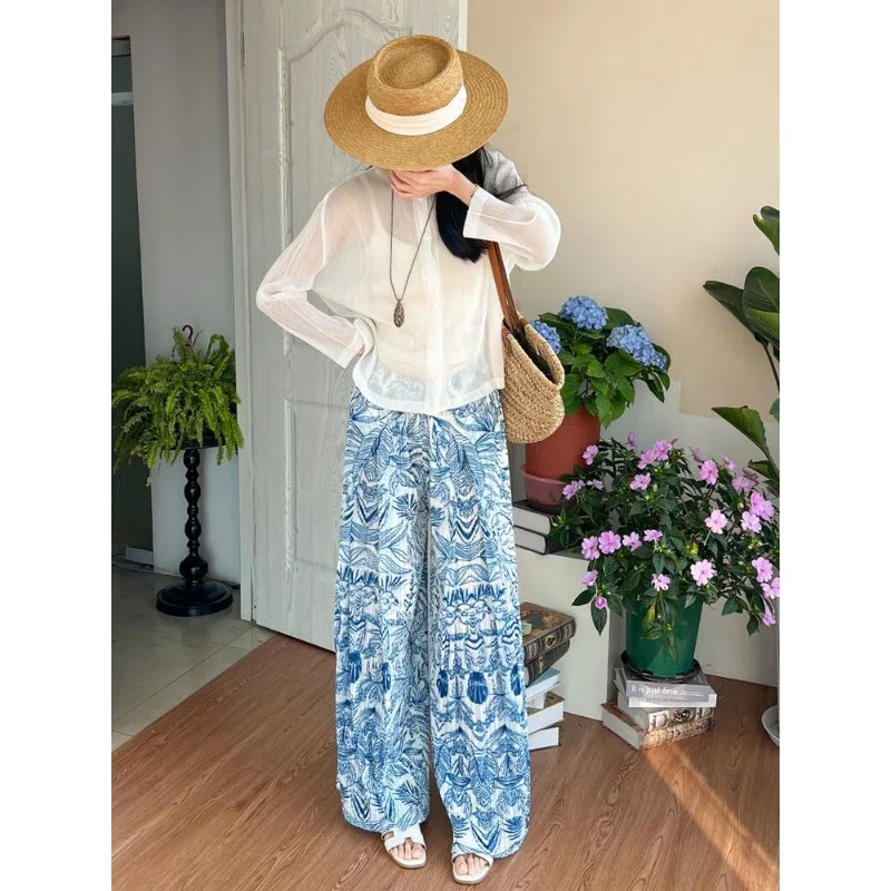 Summer Women's Wear Wide-Leg Trousers Blue and White Porcelain Printed Pleated Versatile Loose-Fitting Chinese-Inspired Casual