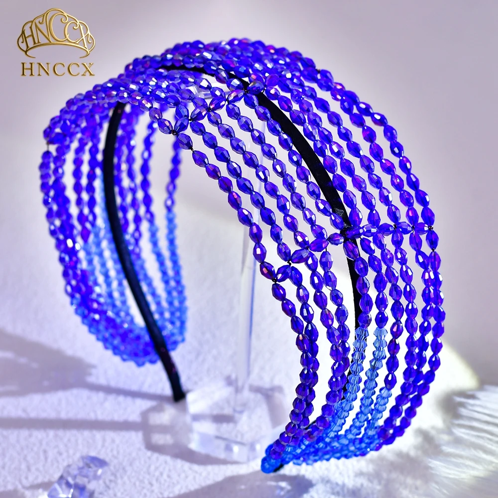 

HNCCX Luxury Blue Color Beaded Crystal Wedding Headband Multi-layer Hair Accessories Handmade Elegant Bride Headpieces A20