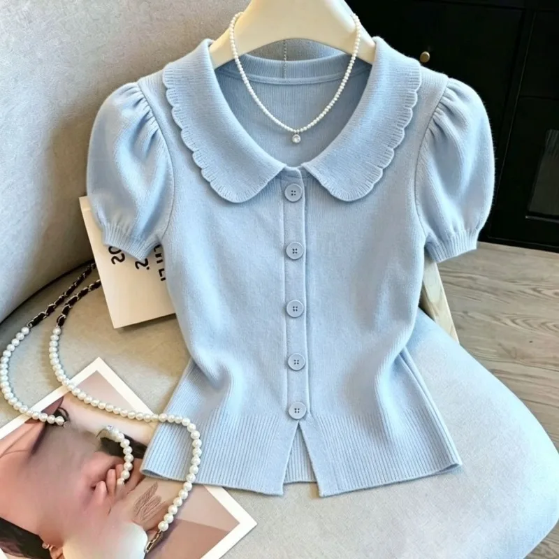 Knit T Shirt For Women Puff Sleeve Solid Spring Summer Slim Fit Ropa De Mujer Peter Pan Collar Sweet Versatile Short Tees