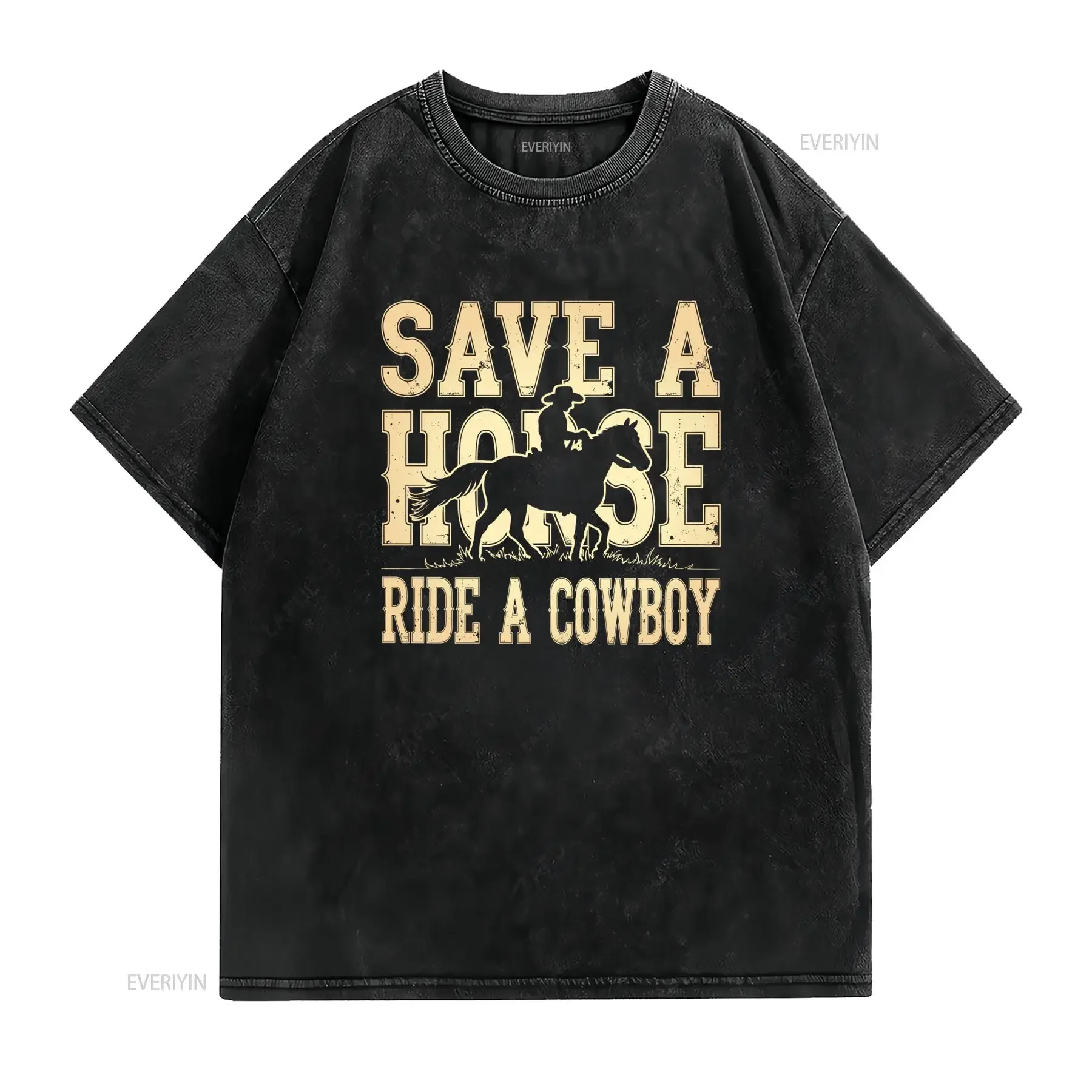 Men's Save A Horse Ride Cowboy T Shirt Casual Blue Crew Neck Lightweight Summer Comfort Top Wear Playful Text Design vintage