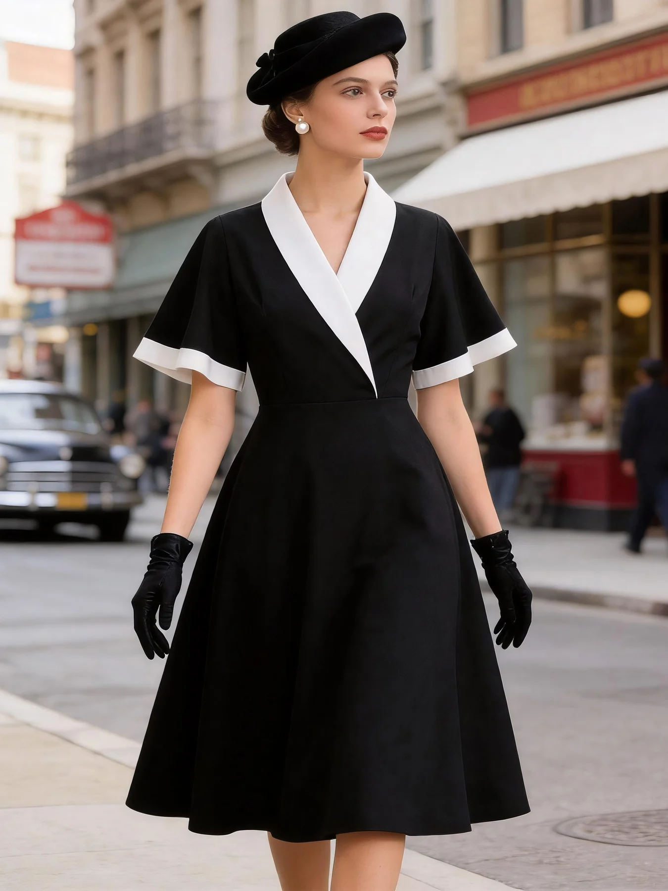Women'S Fashion Of The 50S - Abito Elegante Tonval con Colletto a