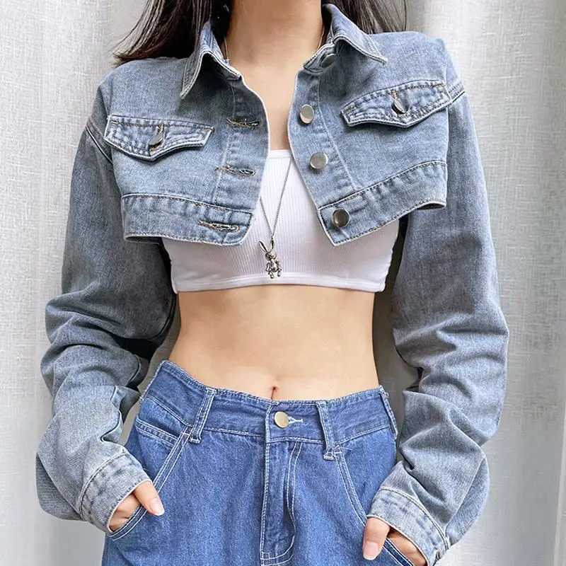 Women Coat Loose Fitting UltraShort  Spring Autumn Denim Clothing Dew Waist Outfit Hottie Long Sleeved Punk High Waisted Tops