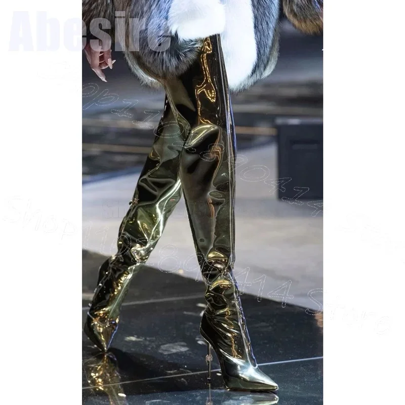 

Gold Metal Heel Pointed Toe Runway Boots Side Zipper Women Shoes Thin High Heels Fashion Party Banquet 2025 Zapatos Para Mujere