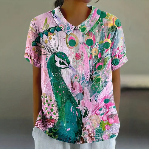 Imagen 2 del producto Blusas de mujer, camiseta con estampado Floral Retro, moda de verano, solapa para exteriores, Tops de manga corta, blusas para mujer, ropa