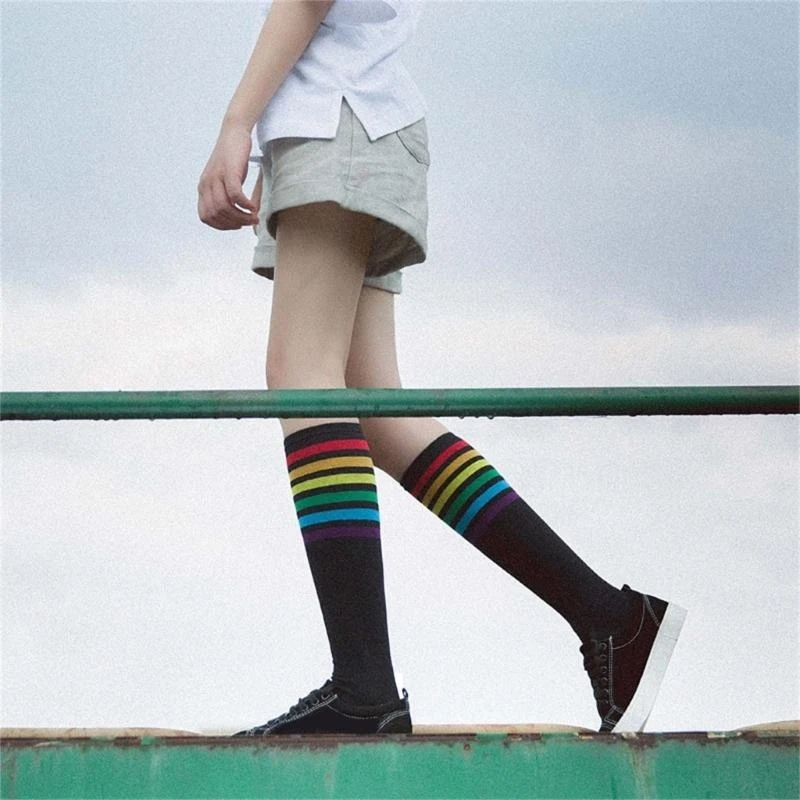 Women JK Girls Rainbow Striped Long Socks Japanese Student Knee High Socks 15UB