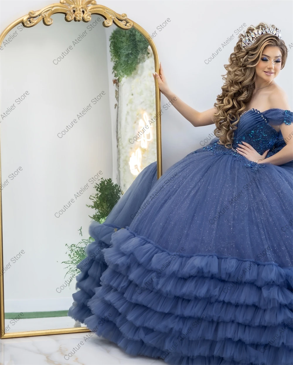 Glinsterend Blauw 15-jarig Quinceanera Jurken Kralen Kristal Applique Ruches Trein Bruiloft Baljurk vestidos de xv jaar Aangepast