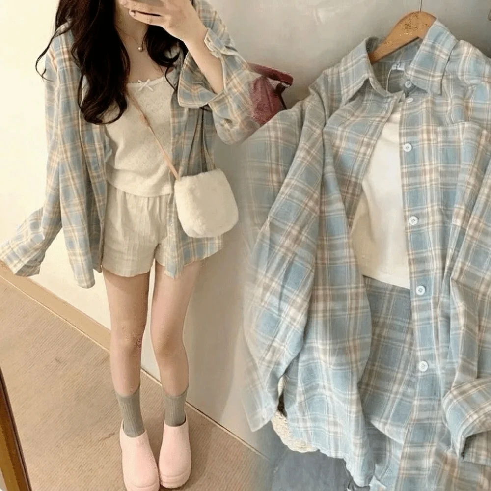 Fashion Loose Women Plaid Shirt Long Sleeve Fresh College Blouse Top Oversized Breathable Female Checked Shirt Spring