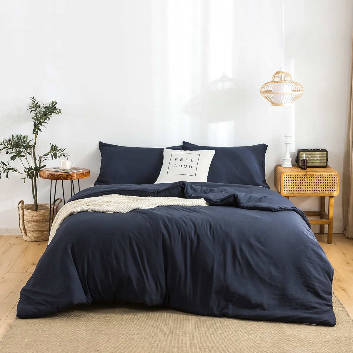 

Ultra-Soft Washed Bedding Comforter Twin Sets All Seasons Light Weight Cotton Fabric Dark Navy Blue with Pillow Sham