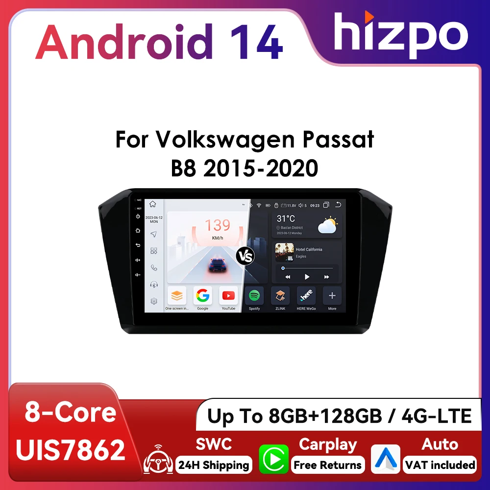 10.1  Hizpo CarPlay Android Auto Autoradio per VW Volkswagen Passat B8 2015 - 2020 GPS RDS DSP SWC 4G BT UI7862 Unità principale