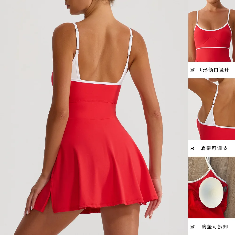 Tennis Dress with Shorts Women Sleeveless Slim Fit Workout Badminton Dress Summer Athletic Spaghetti Strap Outfit New