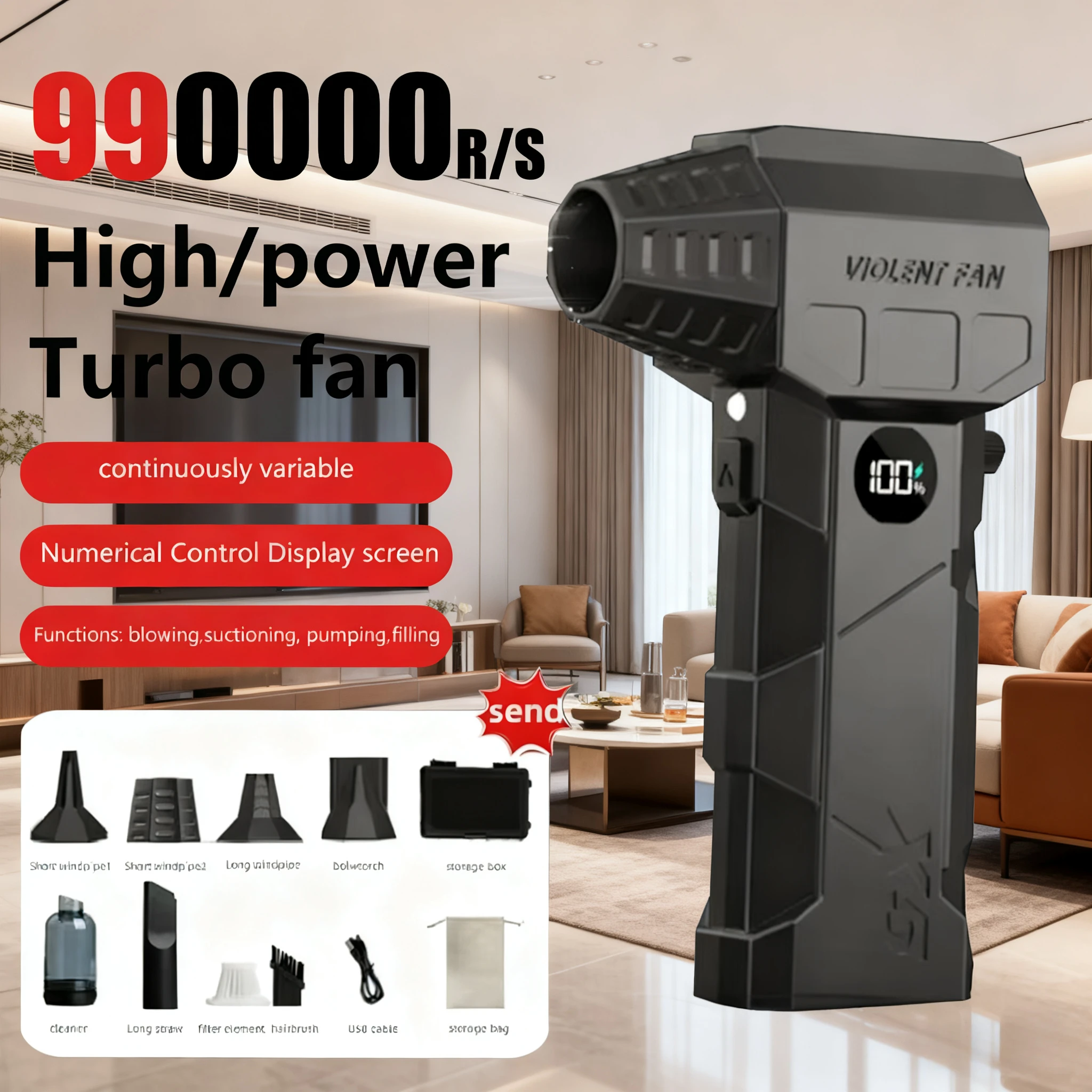 

X5 Turbo Fan 10000 мАч Портативный ручной вентилятор 990000 об/мин Инструмент для чистки автомобиля Мини-воздуходувка с вакуумным комплектом Турбоструйный вентилятор Фен