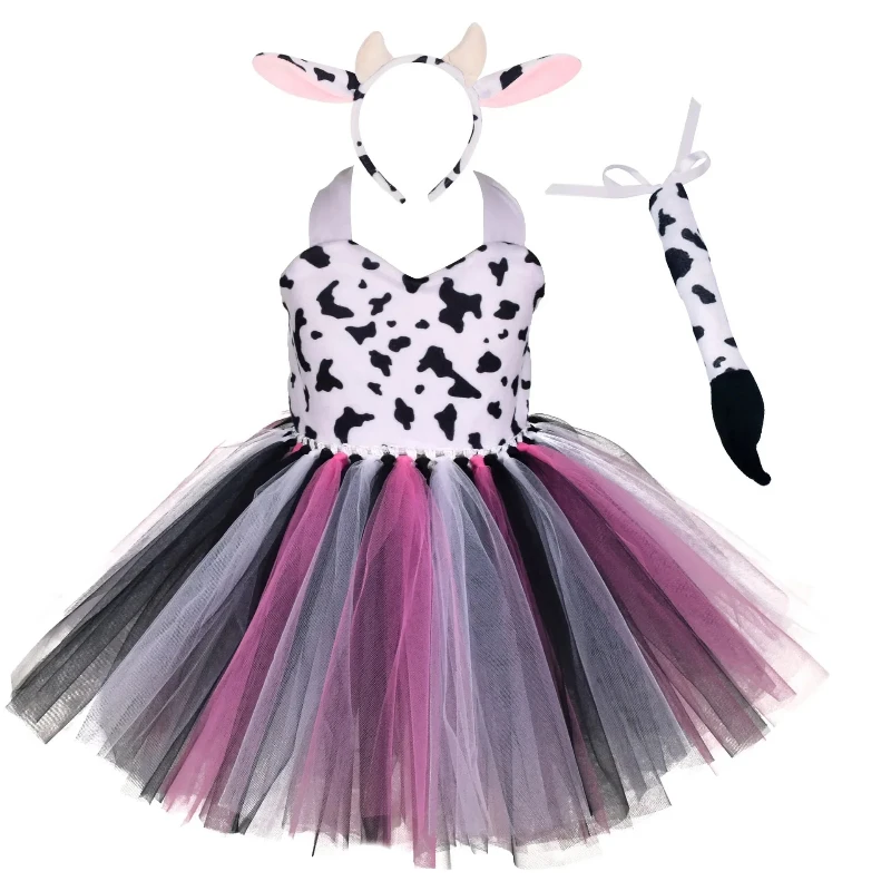 Girls Halloween Animal Cosplay Costume Kids Baby Forest Theme Giraffe Cows Tiger Leopard Zebra Print Tutu Dress Birthday Party