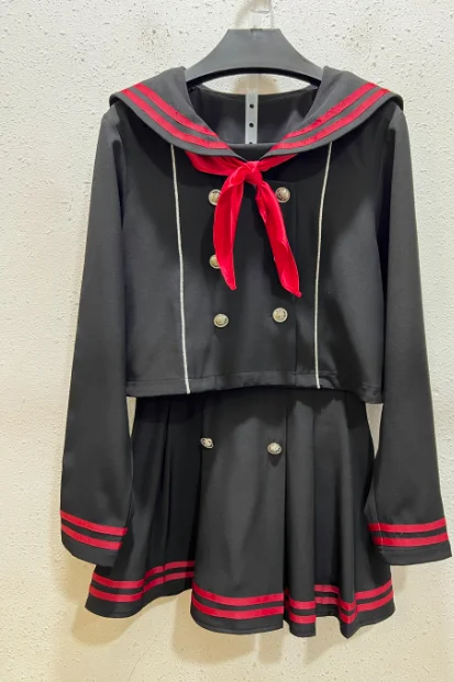 สไตล์ญี่ปุ่น Mine สีตัดกัน Stripe SAILOR COLLAR สาวหวานชุดเสื้อแจ็คเก็ตสั้นและจีบกระโปรงมินิชุด