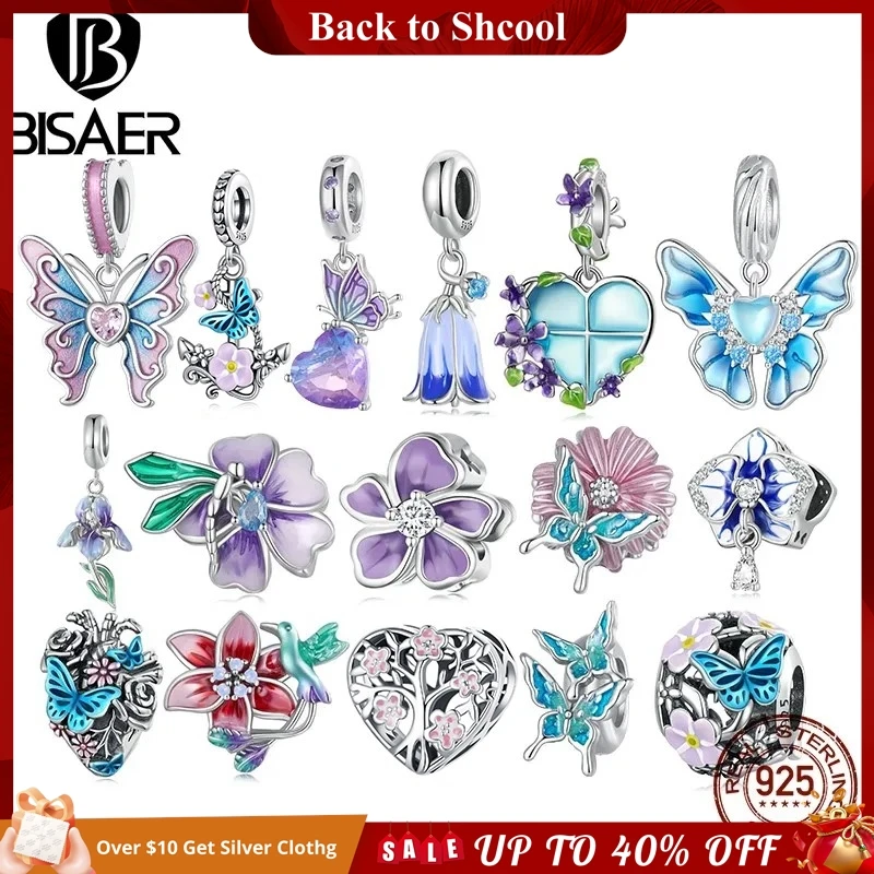 

BISAER 925 Sterling Silver Butterfly&Flower Charm Bead Purple Animal Pendant Plated Platinum Fit Elegant Girl Bracelet Jewelry