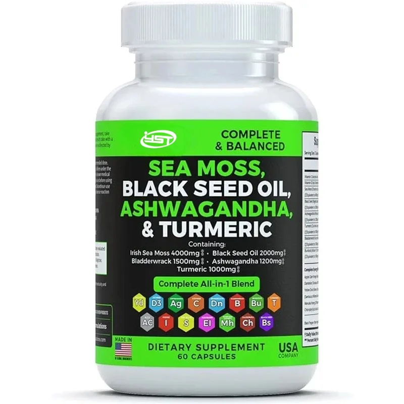 Suplemento de algas marinas mezclado con aceite de semilla negra, vejiga, berenjena borracho sudafricana, cúrcuma, bardana, vitamina C y D3