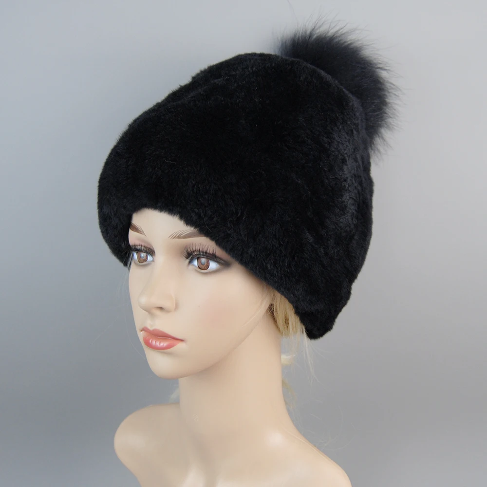 New 100% Real Natural Rex Rabbit Fur Big Fox Fur Ball caps Women Knitted Rex Rabbit Fur Skullies Lady Winter Rex Rabbit Fur Hats