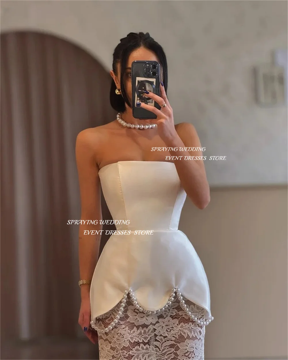 فساتين زفاف حورية البحر أنيقة بدون حمالات بدون أكمام طويلة من الدانتيل واللؤلؤ مصنوعة حسب الطلب 2026