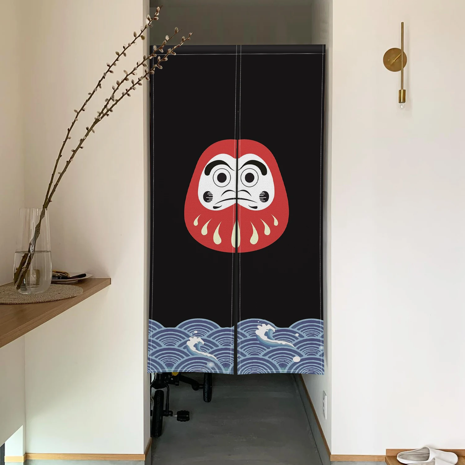 Japanese Lucky Daruma Doll Noren Door Curtains Cat Wave Design Linen Doorway Curtains For Home Decor Room Divider Half Curtains