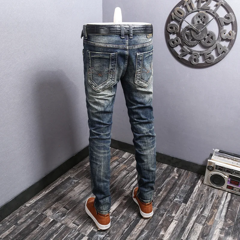 Fashion Trendy Men Jeans Retro Dark Blue Elastic Stretch Slim Fit Ripped Jeans Men Embroidery Patched Vintage Denim Pants Hombre