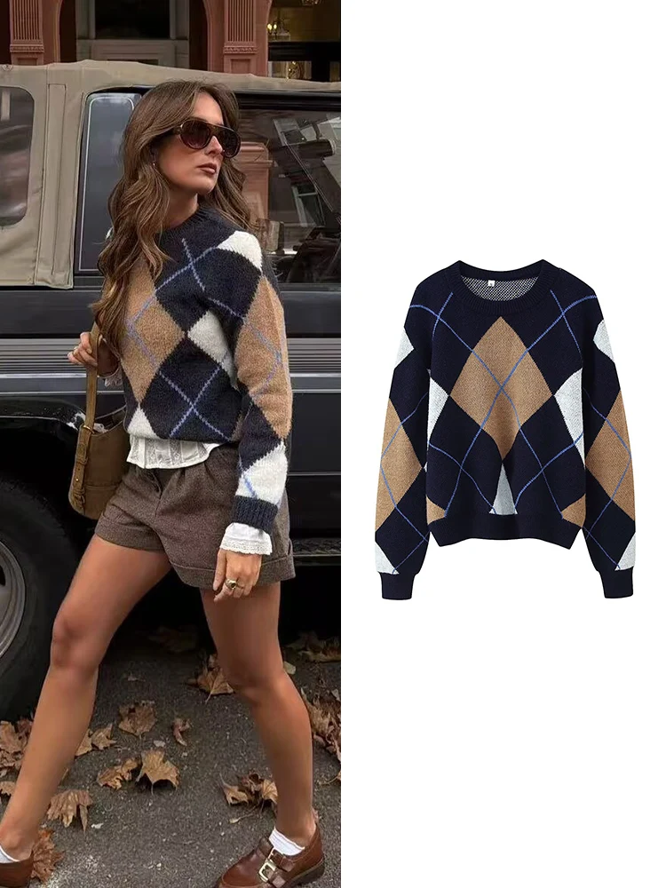 2025 nouvelles femmes Vintage Style britannique haut tricoté élégant Argyle imprimé mode pull pull décontracté doux dames tricots