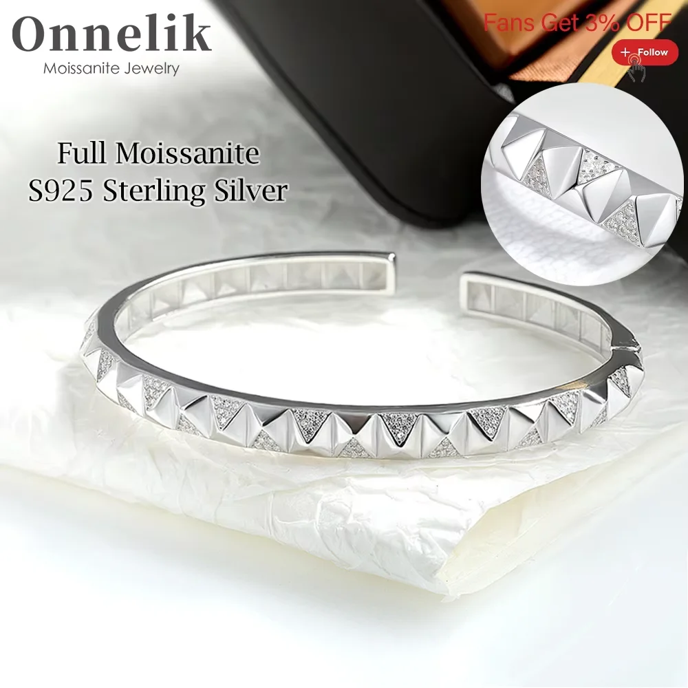 

Onnelik Full D VVS1 Moissanite Lozenge Open Bangle Bracelet 100% S925 Silver for Women Wedding Party Gift Luxury Fine Jewelry