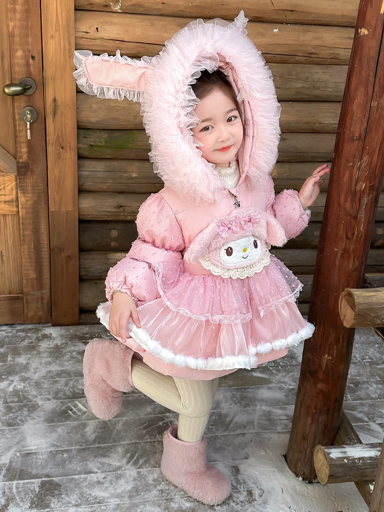 Thiened down Jaet Casaco de inverno infantil para meninas Meileti GINGER DOG branco Du pena casaco quente comprimento médio com capuz