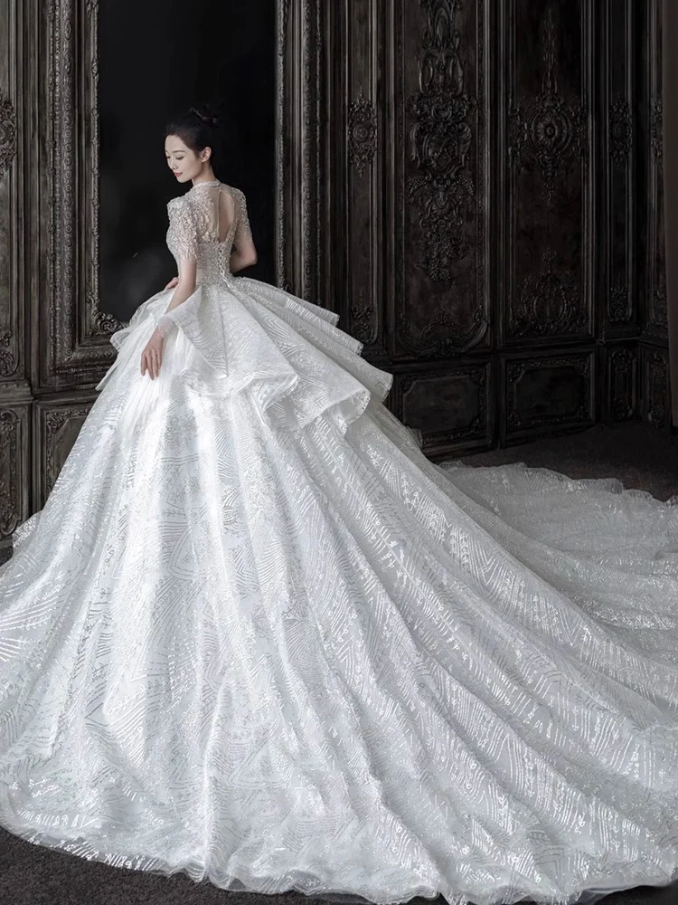 Ele Wedding Dr 2025 New Heavy Embroidery Luxury Long Train Court Sle for Bride Women Lace Svel Deep V Ne