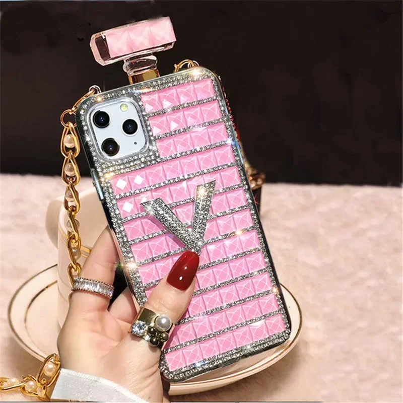 Luxury Diamond Perfume Bottle Case TPU Rhinestone Bling Cover Coque for Iphone 15 14 11Pro 13 Pro max 12 mini XS Max XR 16 Plus