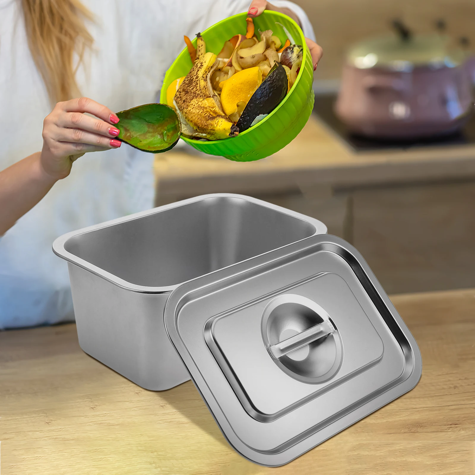 

Stainless Steel Food Waste Compost Bin Countertop Kitchen Trash Can Lid Design Silver Bucket Storage Containers