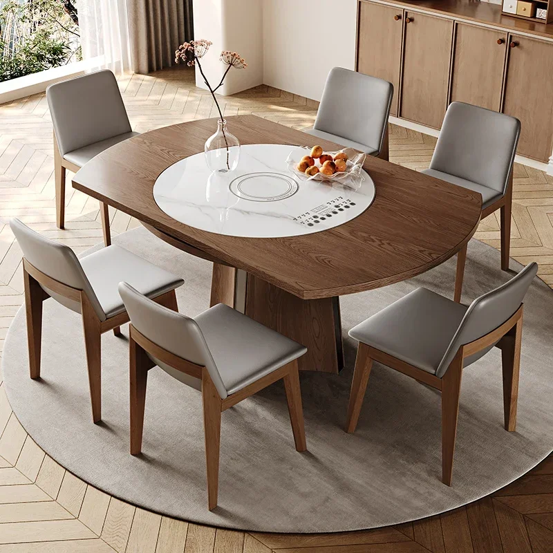 Retro solid wood dining table embedded induction cooker turntable household small apartment modern simple folding walnut round