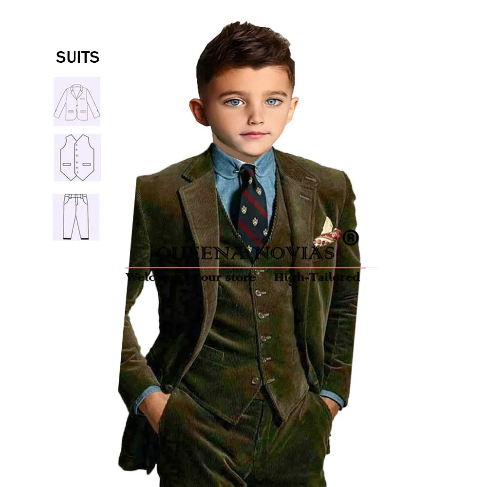 Burgundy Corduroy Boy Suits For Wedding Tailored Formal Party Children Birthday Tuxedo 3 Piece Clothing Traje Elegante Para Niño