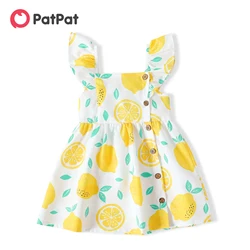 PatPat Toddler Girl Dresses Button Design Lemon Print/Plaid Flutter-sleeve Dress