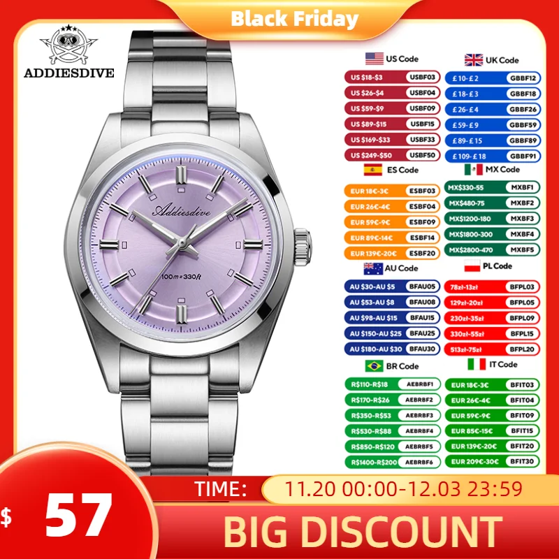 

ADDIESDIVE часы для мужчин 36 мм кварцевое купольное стекло BGW9 светящиеся часы для дайвинга 100 м водонепроницаемые наручные часы из нержавеющей стали VH31 новый AD2515