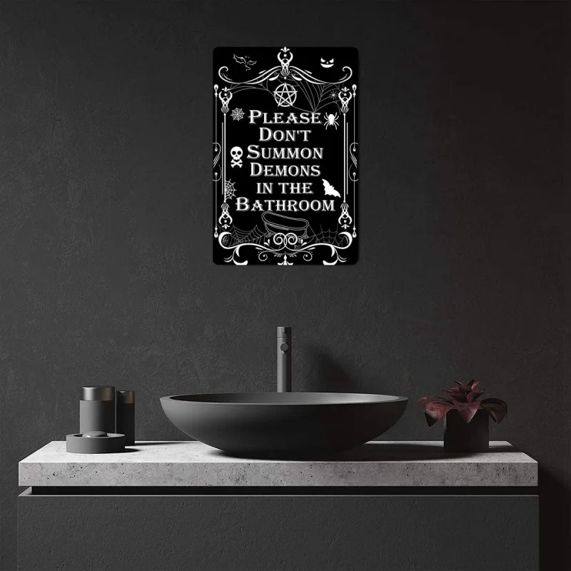 Iron Painting, Please Do Not Summon Demons In The Bathroom. Interesting Black Humor Gothic Witchcraft Bathroom Decoration