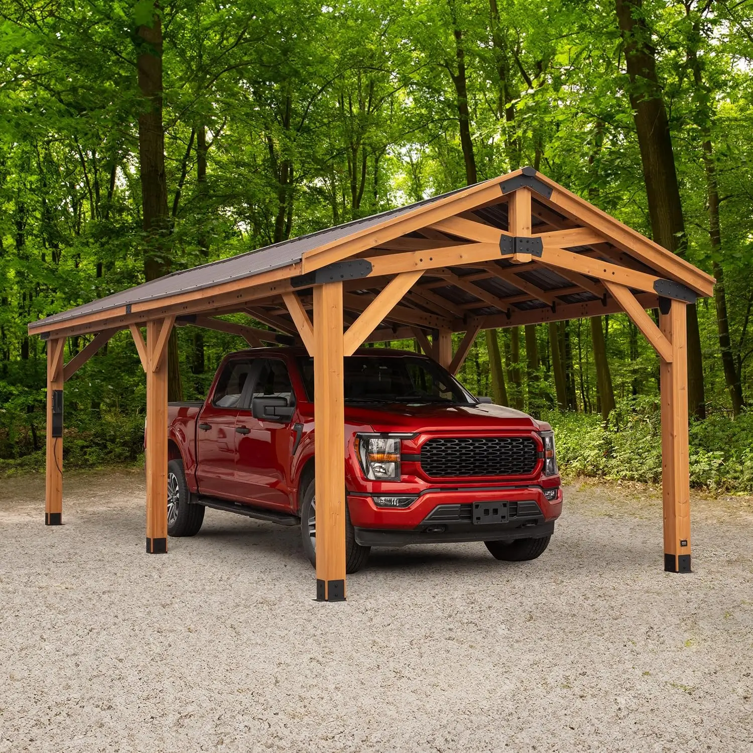 ^24' X 12' Cedar Wood Outdoor Gazebo Pavilion With Hardtop Galvanized Steel Peak Roof, Snow Support, Wind Resistance