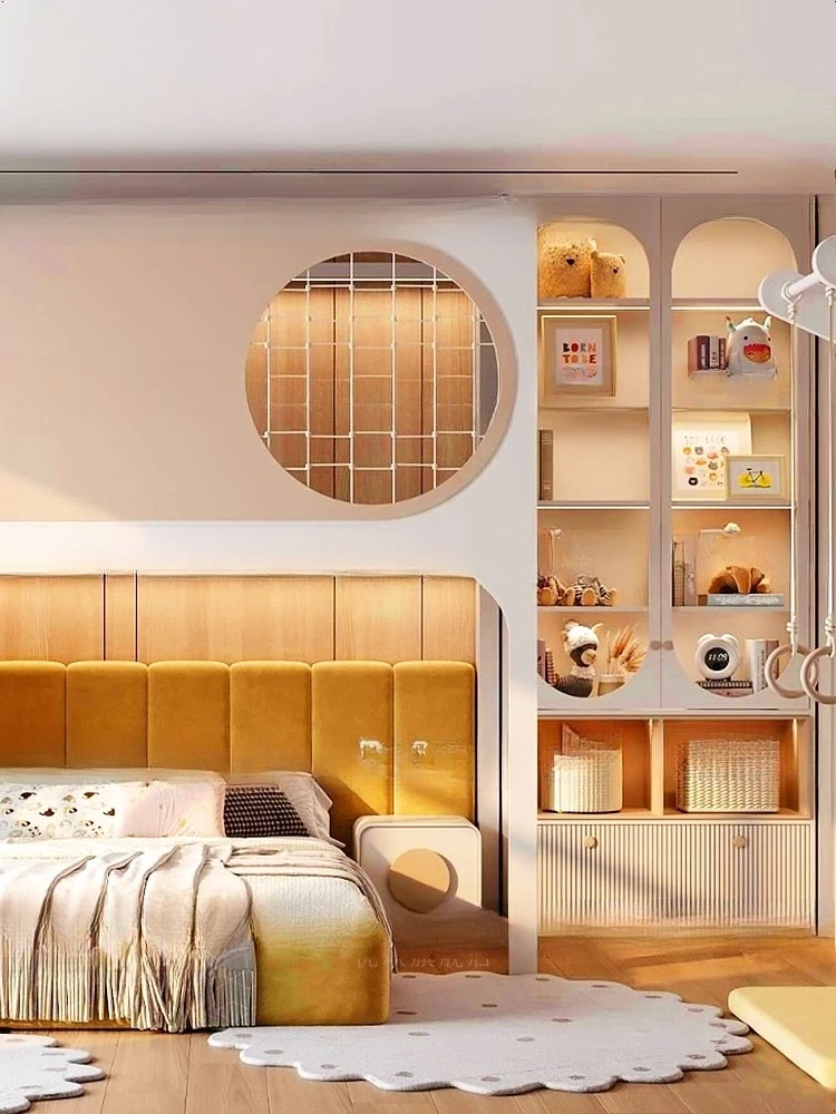 Tempat tidur anak modern mewah dengan desain susun tingkat atas dan bawah, terbuat dari kayu solid dengan tangga dan lemari.