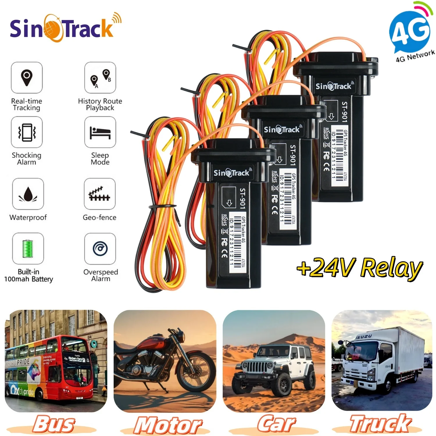 4PIN 24V Relay for Cut Engine 3units ST-901L Car Tracker for Car SUV Truck Bus Mini 4G GPS for SinoTrack
